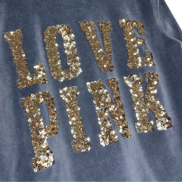 PINK Victoria’s Secret Gray Gold Sequin Bling Zip Up Velour Hoodie Size Small - Picture 4 of 13